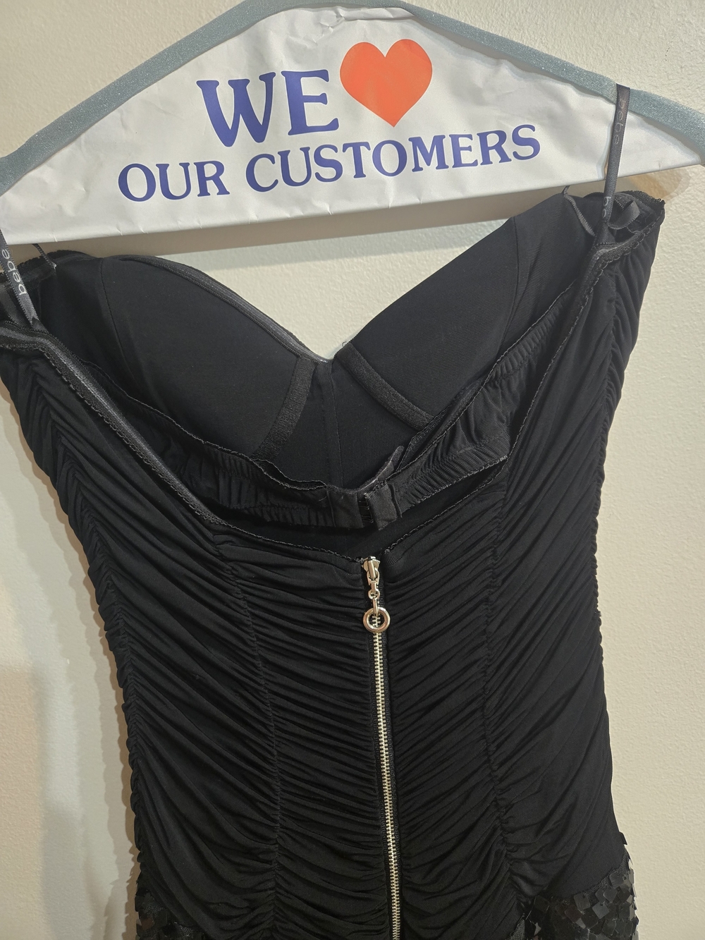 Bebe Black Strapless Ruched Bodice Sequin Skirt Dress Sz Medium - Picture 4 of 8